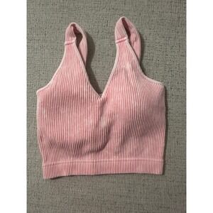 Zenana Ribbed Bralette Womens L/XL Pink Excellent Mineral Wash Seamless Crop Top
